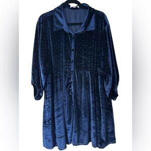 Chicsoul Blue Velvet Button-Up Dress 3XL